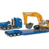 Heavy Haulage Flatbed Transporter Blue and Liebherr 974 Litronic Excavator Yellow 1/87 (HO) Diecast Models by Siku - Image 2